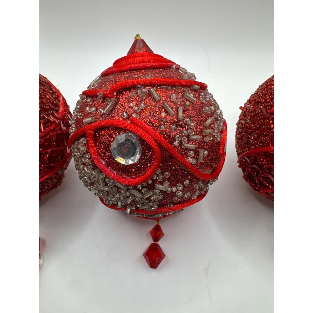 Red Beaded Christmas Ornaments Set of 3 Silver Accents Crystal Dangles